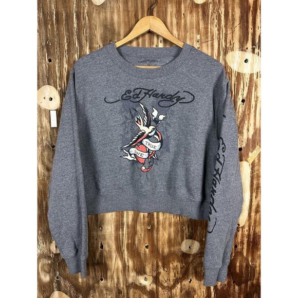 Ed Hardy Women's Gray Sweatshirt Cropped Fit Y2K XL - Picture 1 of 4